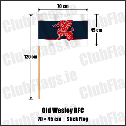 Old Wesley RFC 45cm x 70cm Stick Flag with the club crest and colours, Dublin Rugby - ClubFlags.ie