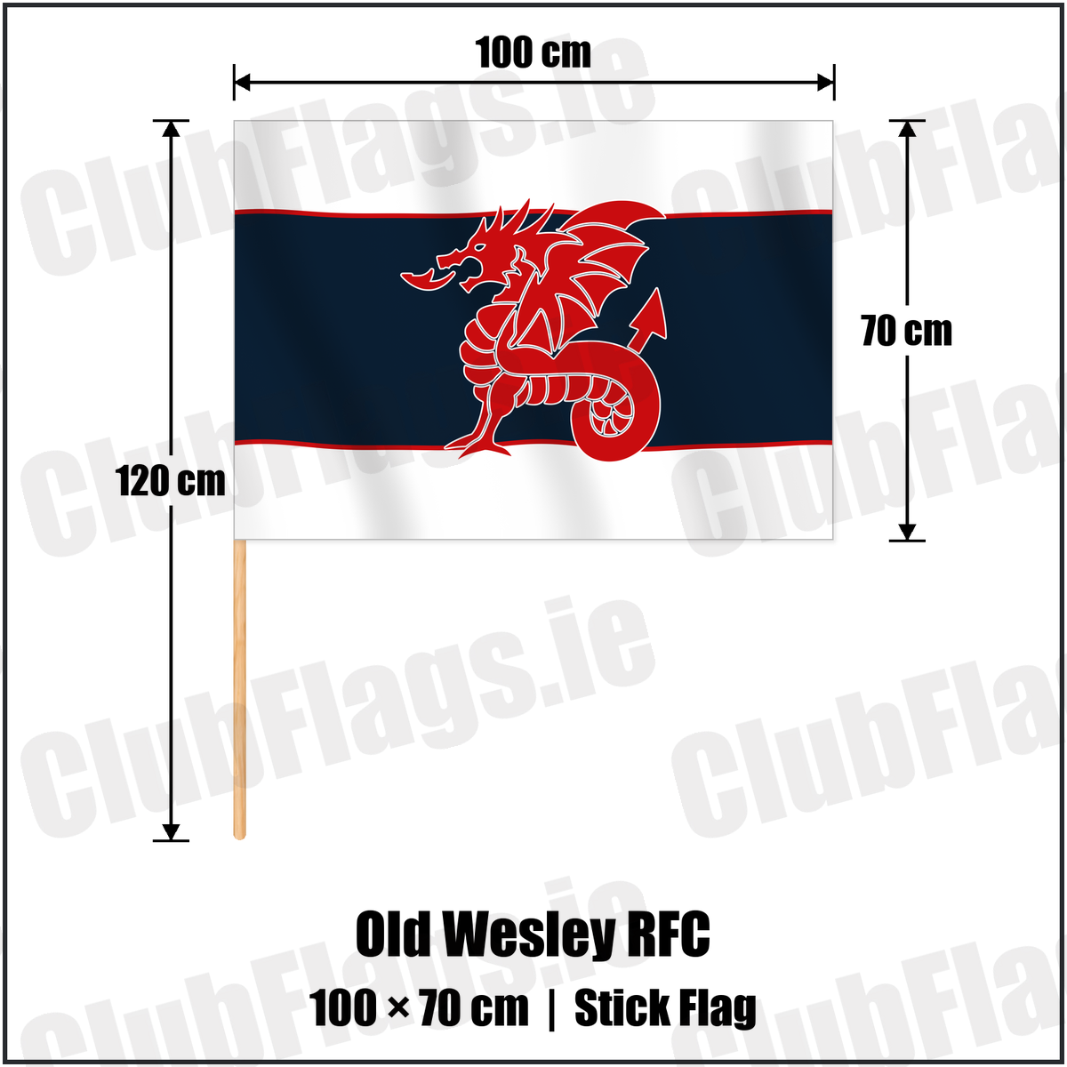 Old Wesley RFC 70cm x 100cm Stick Flag with the club crest and colours, Dublin Rugby - ClubFlags.ie
