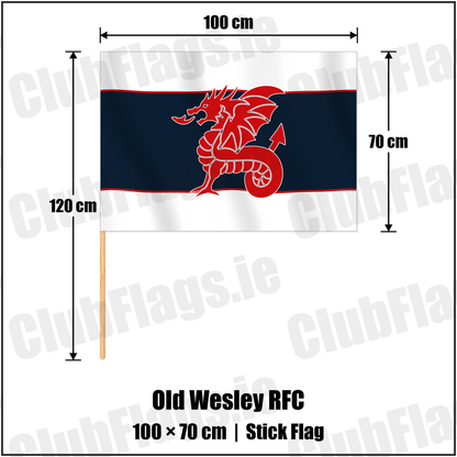 Old Wesley RFC 70cm x 100cm Stick Flag with the club crest and colours, Dublin Rugby - ClubFlags.ie