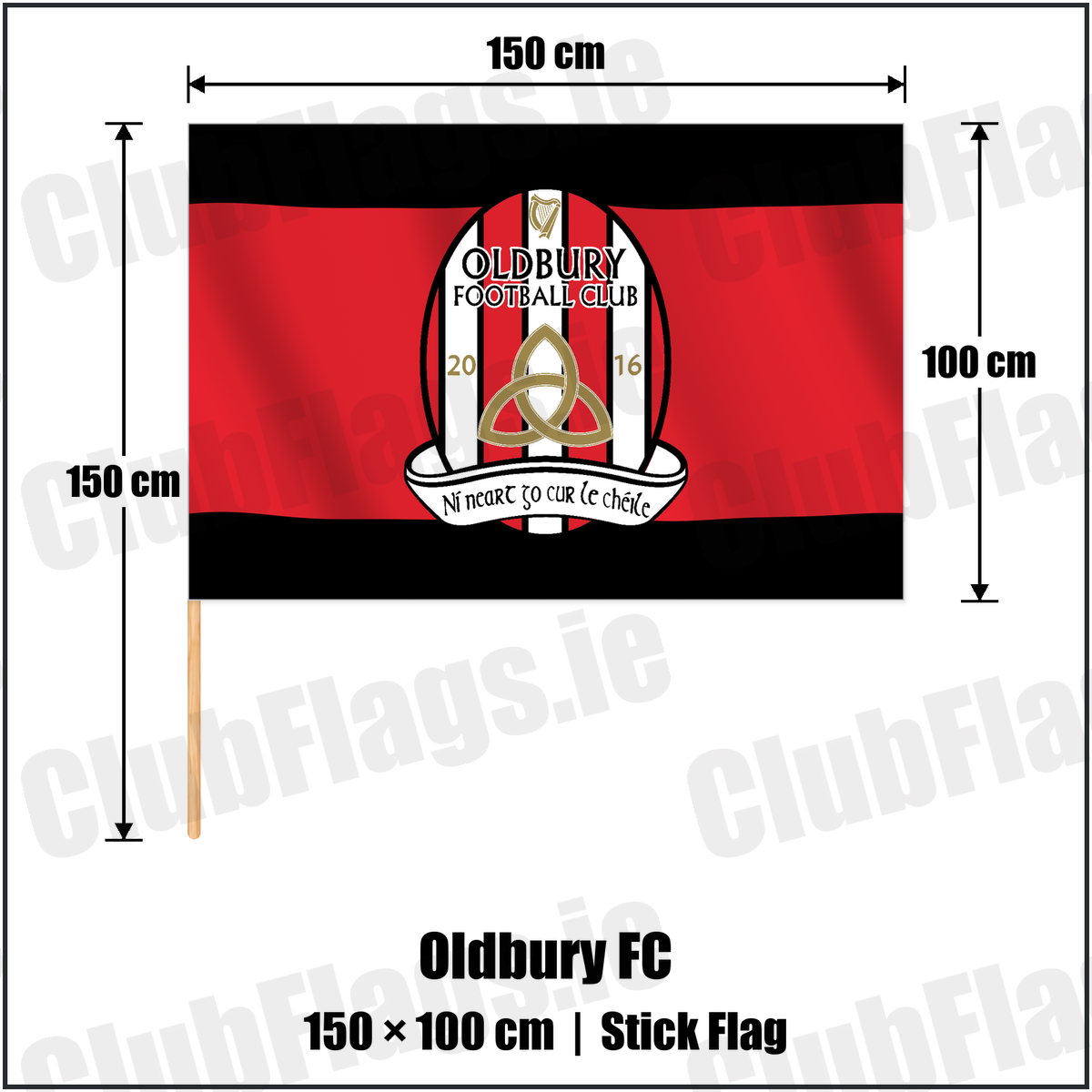 Oldbury FC 100cm x 150cm Stick Flag with the club crest and colours, Dublin Football - ClubFlags.ie