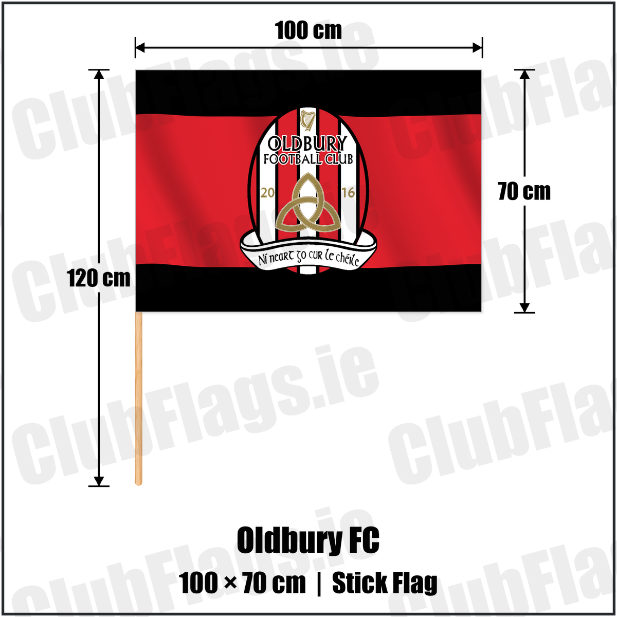 Oldbury FC 70cm x 100cm Stick Flag with the club crest and colours, Dublin Football - ClubFlags.ie