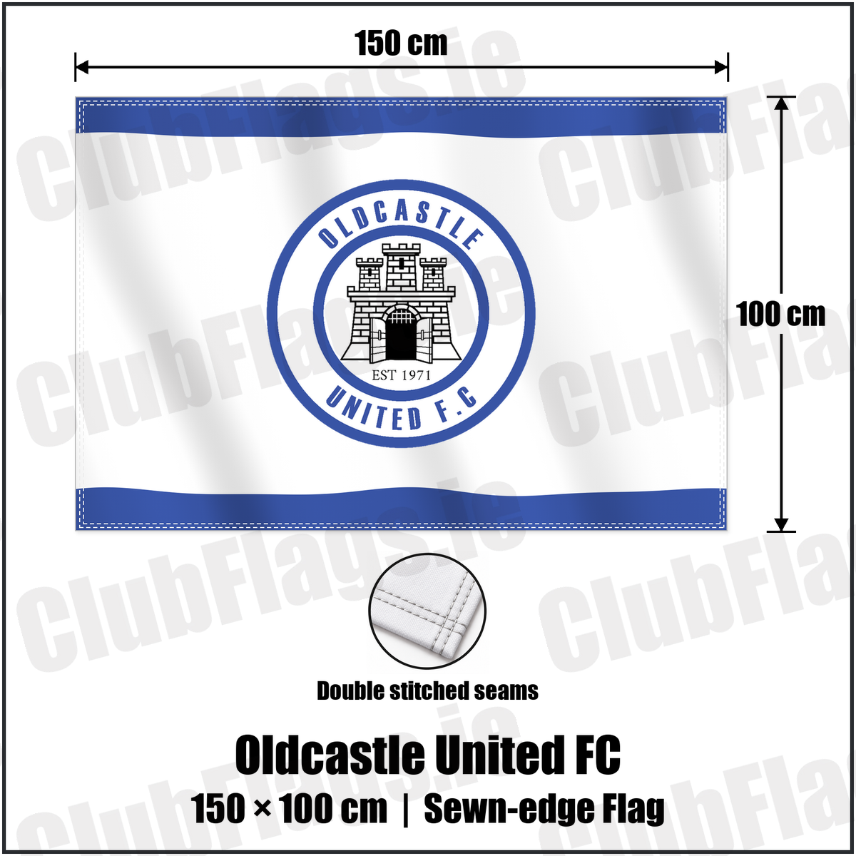 Oldcastle United FC 100cm x 150cm Flag (sewn on the edges) with the club crest and colours, Meath Football - ClubFlags.ie