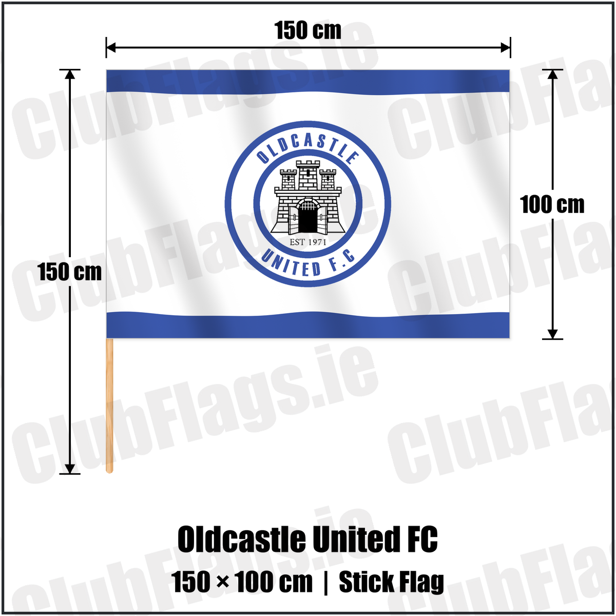 Oldcastle United FC 100cm x 150cm Stick Flag with the club crest and colours, Meath Football - ClubFlags.ie