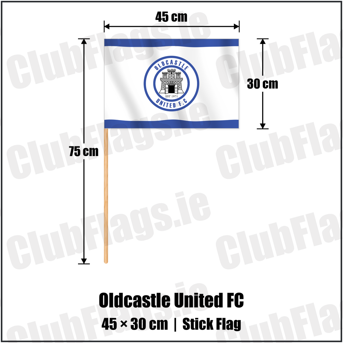 Oldcastle United FC 30cm x 45cm Stick Flag with the club crest and colours, Meath Football - ClubFlags.ie