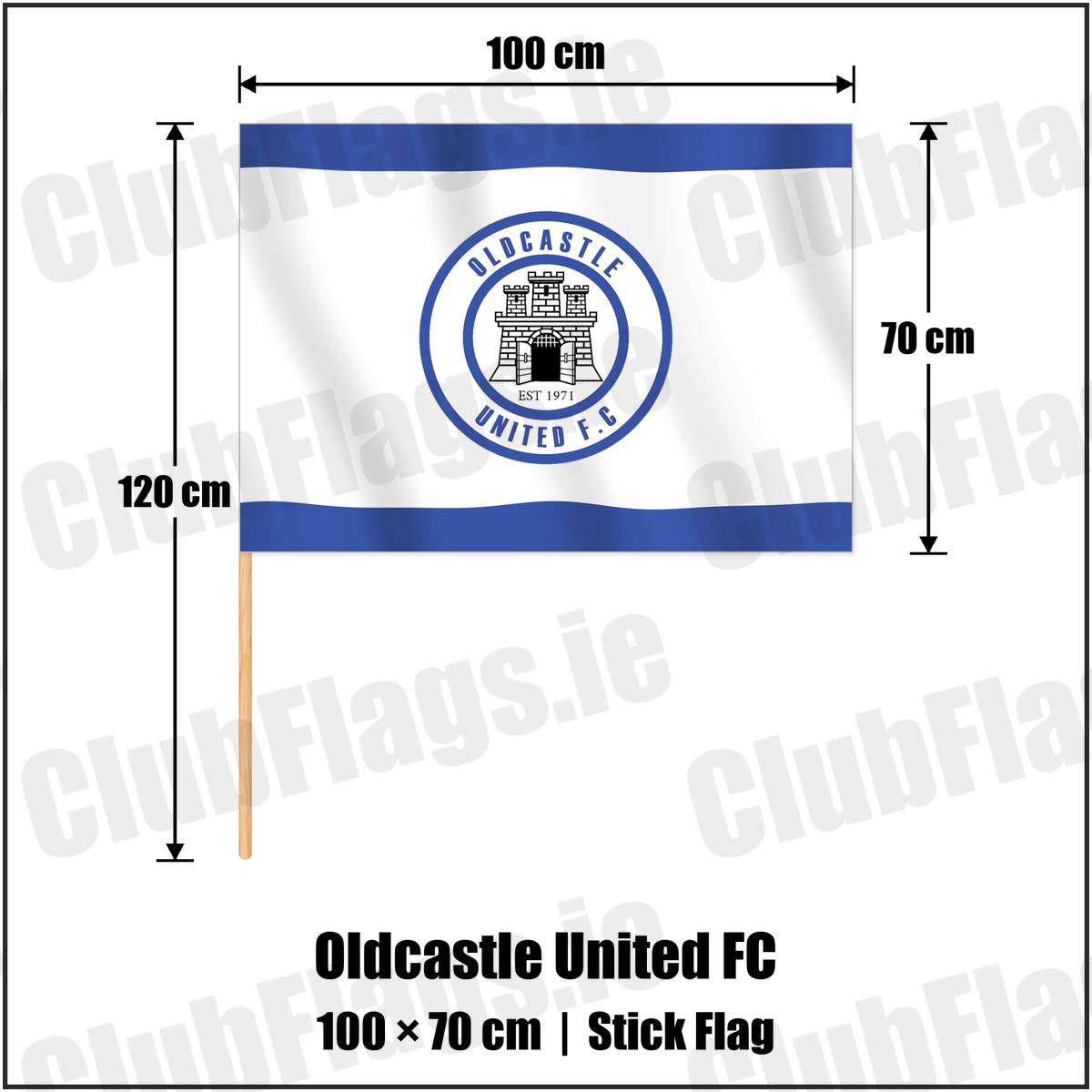 Oldcastle United FC 70cm x 100cm Stick Flag with the club crest and colours, Meath Football - ClubFlags.ie