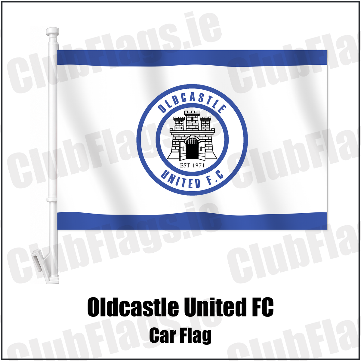 Oldcastle United FC Car Flag with the club crest and colours, Meath Football - ClubFlags.ie