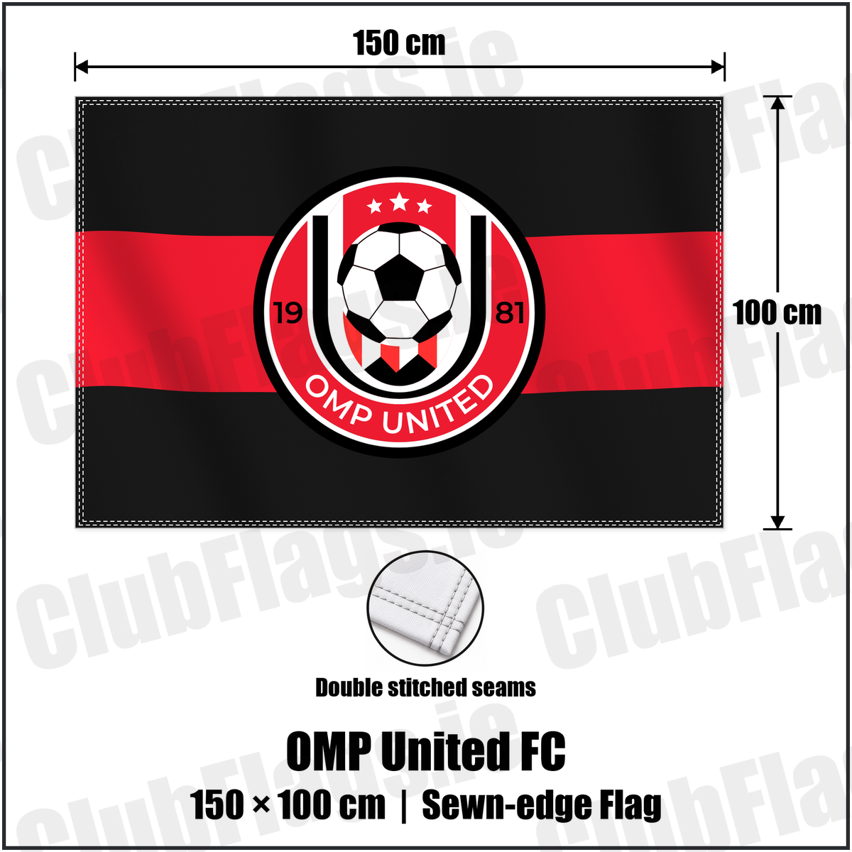OMP United FC 100cm x 150cm Flag (sewn on the edges) with the club crest and colours, Meath Football - ClubFlags.ie