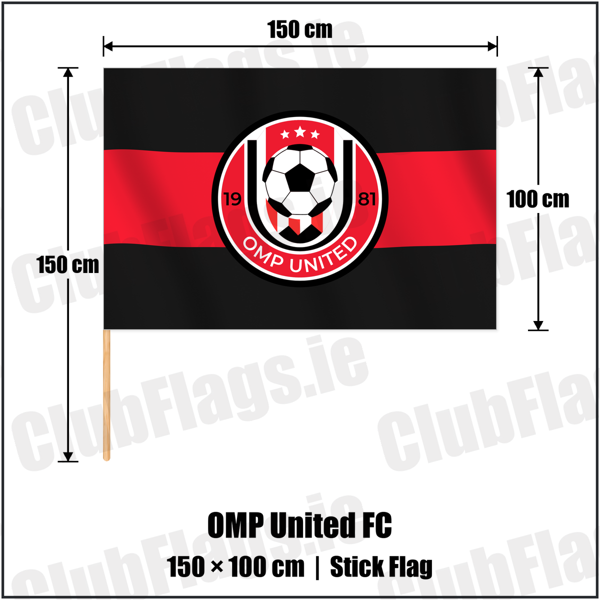 OMP United FC 100cm x 150cm Stick Flag with the club crest and colours, Meath Football - ClubFlags.ie