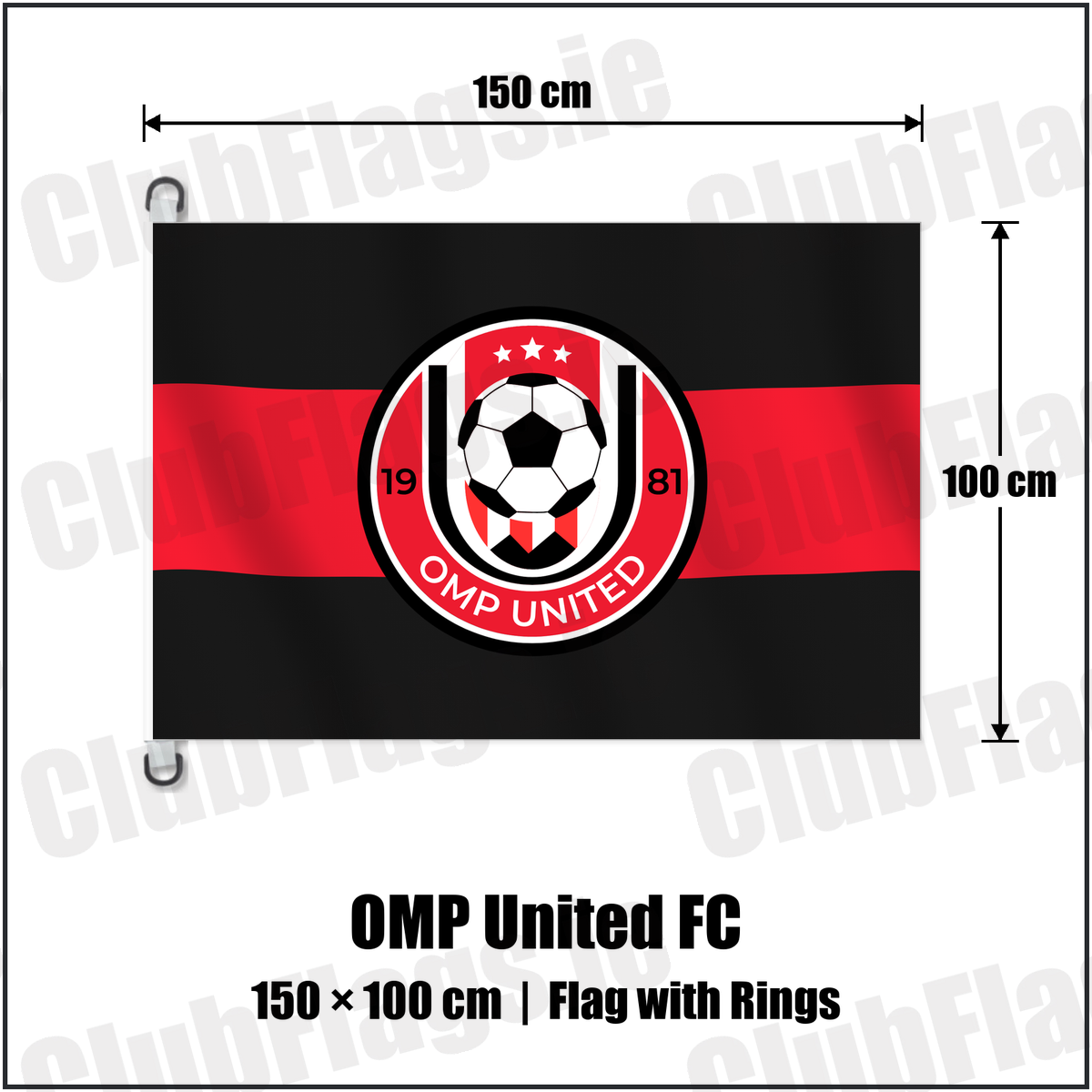OMP United FC 150cm x 100cm Flag Pole Flag with Rings with the club crest and colours, Meath Football - ClubFlags.ie
