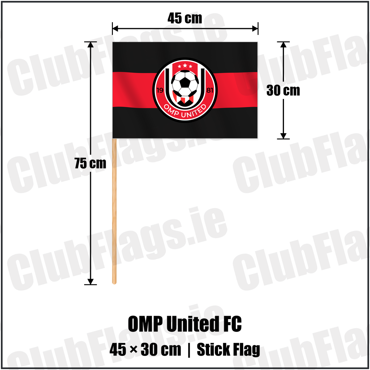OMP United FC 30cm x 45cm Stick Flag with the club crest and colours, Meath Football - ClubFlags.ie
