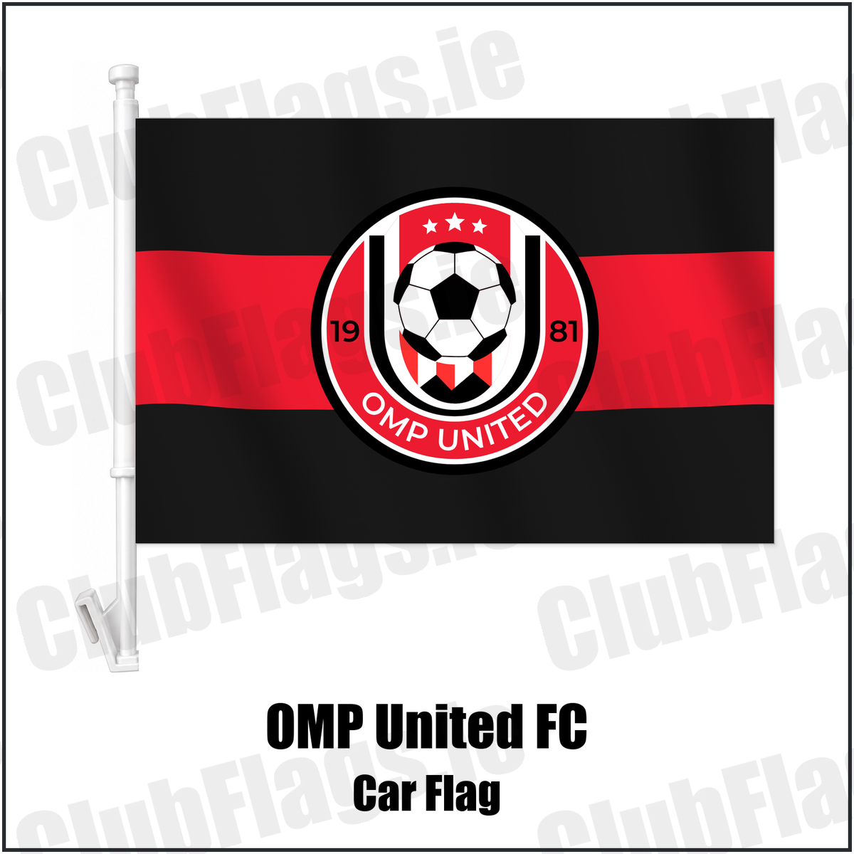 OMP United FC Car Flag with the club crest and colours, Meath Football - ClubFlags.ie