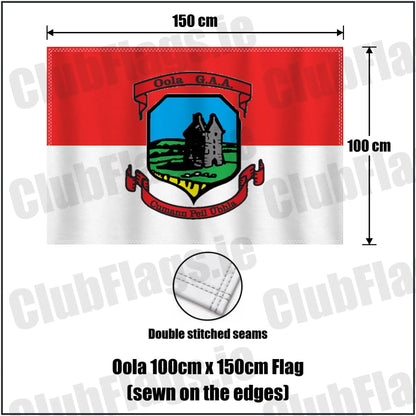 Oola 100cm x 150cm Flag (sewn on the edges) in red and white, featuring the club crest on realistic fabric with gentle vertical folds; County Limerick GAA. ClubFlags.ie.