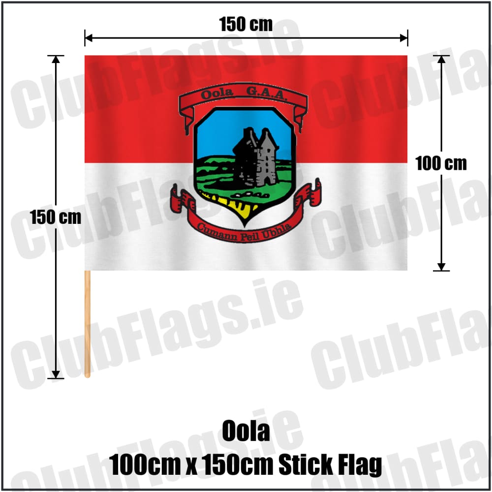Oola 100cm x 150cm Stick Flag in red and white, featuring the club crest on realistic fabric with gentle vertical folds; County Limerick GAA. ClubFlags.ie.