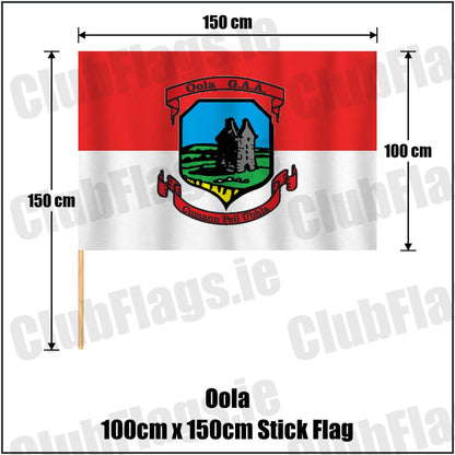 Oola 100cm x 150cm Stick Flag in red and white, featuring the club crest on realistic fabric with gentle vertical folds; County Limerick GAA. ClubFlags.ie.
