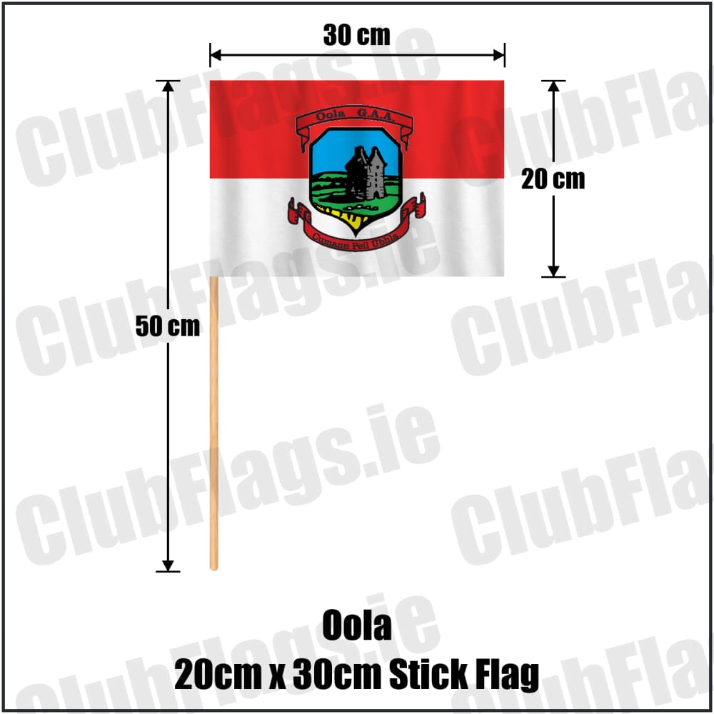 Oola 20cm x 30cm Stick Flag in red and white, featuring the club crest on realistic fabric with gentle vertical folds; County Limerick GAA. ClubFlags.ie.