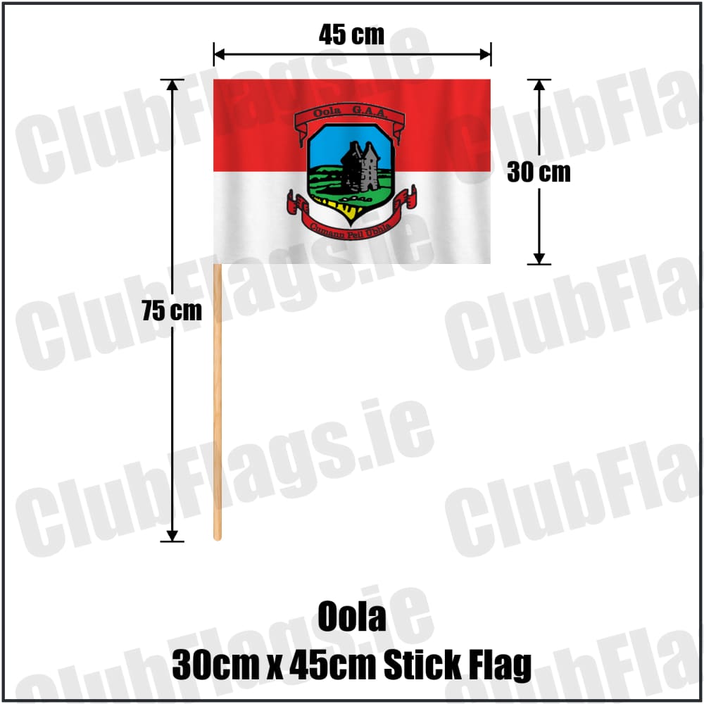 Oola 30cm x 45cm Stick Flag in red and white, featuring the club crest on realistic fabric with gentle vertical folds; County Limerick GAA. ClubFlags.ie.