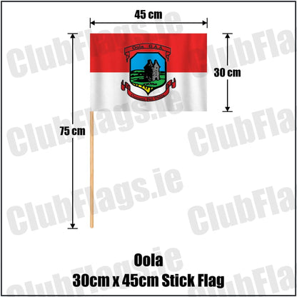 Oola 30cm x 45cm Stick Flag in red and white, featuring the club crest on realistic fabric with gentle vertical folds; County Limerick GAA. ClubFlags.ie.