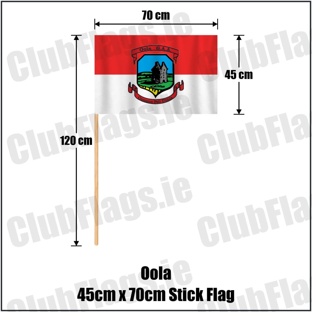 Oola 45cm x 70cm Stick Flag in red and white, featuring the club crest on realistic fabric with gentle vertical folds; County Limerick GAA. ClubFlags.ie.