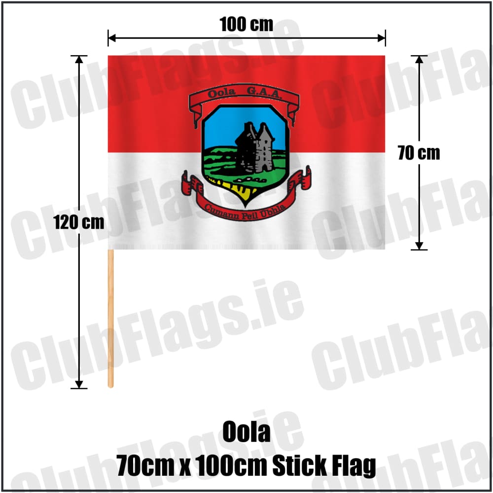 Oola 70cm x 100cm Stick Flag in red and white, featuring the club crest on realistic fabric with gentle vertical folds; County Limerick GAA. ClubFlags.ie.