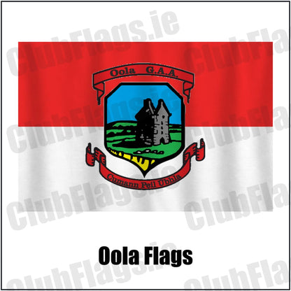 Oola Flags in red and white, featuring the club crest on realistic fabric with gentle vertical folds; County Limerick GAA. ClubFlags.ie.