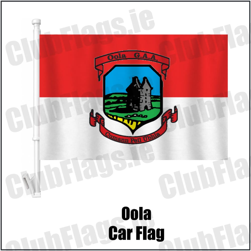 Oola Car Flag in red and white, featuring the club crest on realistic fabric with gentle vertical folds; County Limerick GAA. ClubFlags.ie.