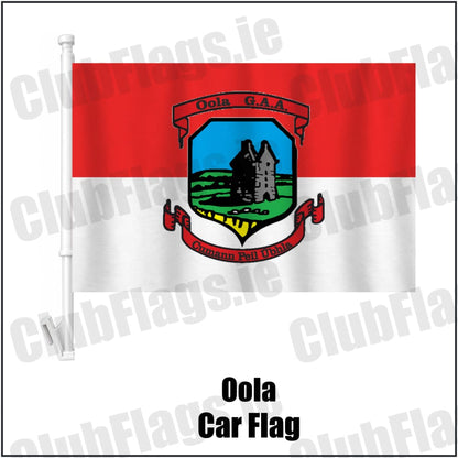 Oola Car Flag in red and white, featuring the club crest on realistic fabric with gentle vertical folds; County Limerick GAA. ClubFlags.ie.