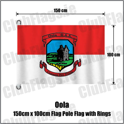 Oola 150cm x 100cm Flag Pole Flag with Rings in red and white, featuring the club crest on realistic fabric with gentle vertical folds; County Limerick GAA. ClubFlags.ie.