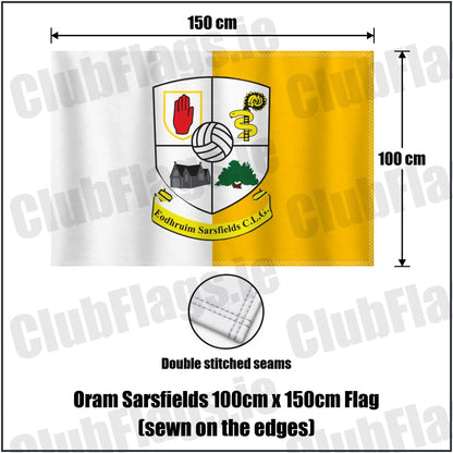 Oram Sarsfields 100cm x 150cm Flag (sewn on the edges) in amber and white, featuring the club crest on realistic fabric with gentle vertical folds; County Monaghan GAA. ClubFlags.ie.