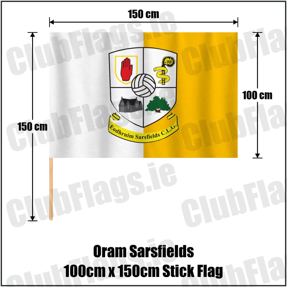 Oram Sarsfields 100cm x 150cm Stick Flag in amber and white, featuring the club crest on realistic fabric with gentle vertical folds; County Monaghan GAA. ClubFlags.ie.