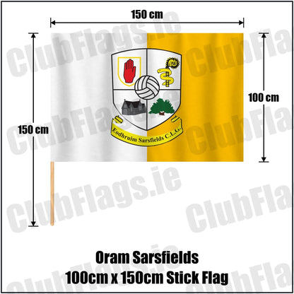 Oram Sarsfields 100cm x 150cm Stick Flag in amber and white, featuring the club crest on realistic fabric with gentle vertical folds; County Monaghan GAA. ClubFlags.ie.