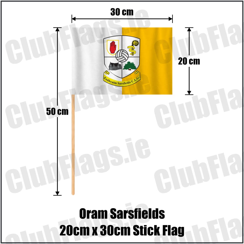 Oram Sarsfields 20cm x 30cm Stick Flag in amber and white, featuring the club crest on realistic fabric with gentle vertical folds; County Monaghan GAA. ClubFlags.ie.