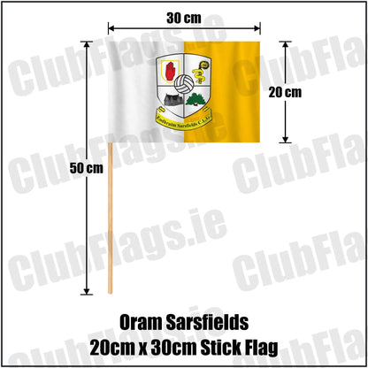 Oram Sarsfields 20cm x 30cm Stick Flag in amber and white, featuring the club crest on realistic fabric with gentle vertical folds; County Monaghan GAA. ClubFlags.ie.
