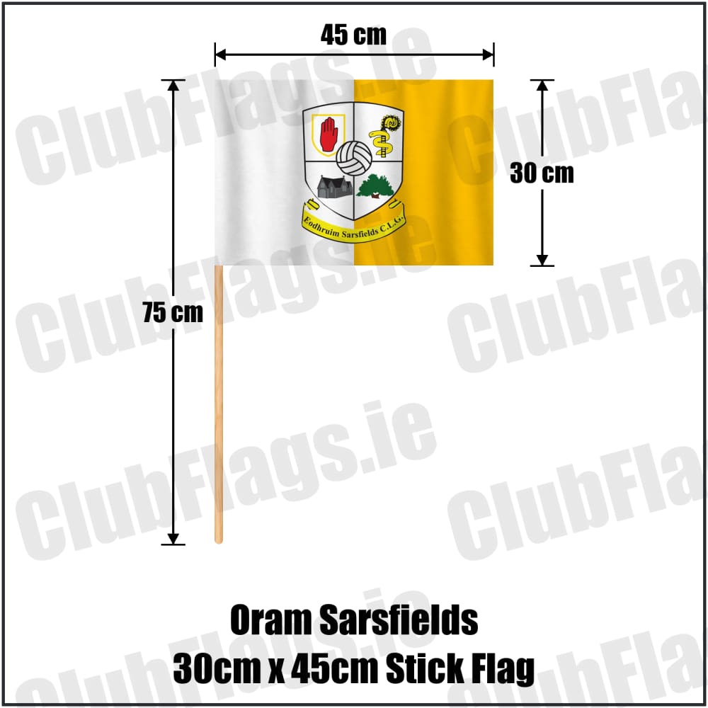 Oram Sarsfields 30cm x 45cm Stick Flag in amber and white, featuring the club crest on realistic fabric with gentle vertical folds; County Monaghan GAA. ClubFlags.ie.