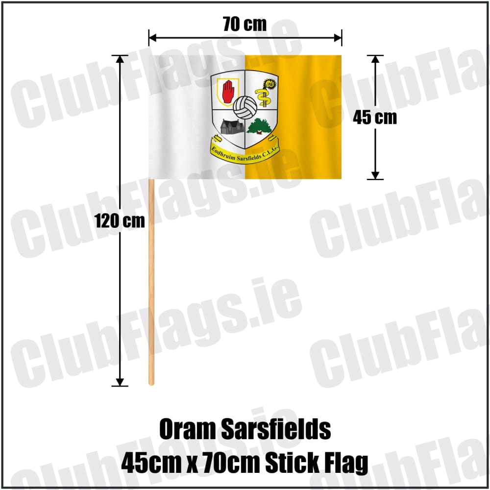 Oram Sarsfields 45cm x 70cm Stick Flag in amber and white, featuring the club crest on realistic fabric with gentle vertical folds; County Monaghan GAA. ClubFlags.ie.