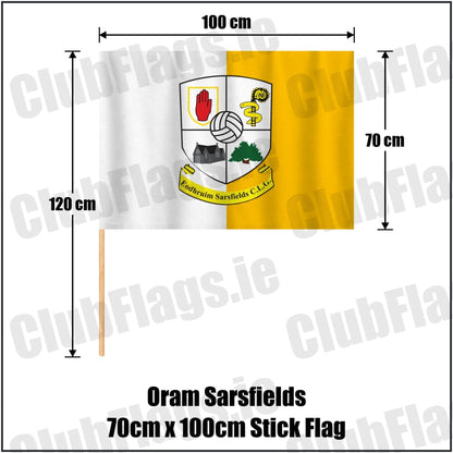 Oram Sarsfields 70cm x 100cm Stick Flag in amber and white, featuring the club crest on realistic fabric with gentle vertical folds; County Monaghan GAA. ClubFlags.ie.