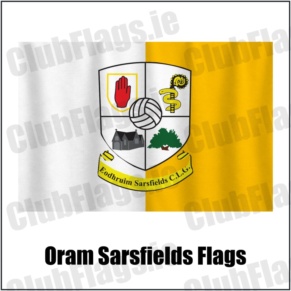 Oram Sarsfields Flags in amber and white, featuring the club crest on realistic fabric with gentle vertical folds; County Monaghan GAA. ClubFlags.ie.