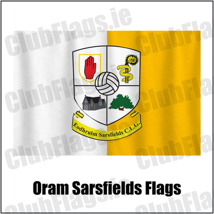 Oram Sarsfields Flags in amber and white, featuring the club crest on realistic fabric with gentle vertical folds; County Monaghan GAA. ClubFlags.ie.
