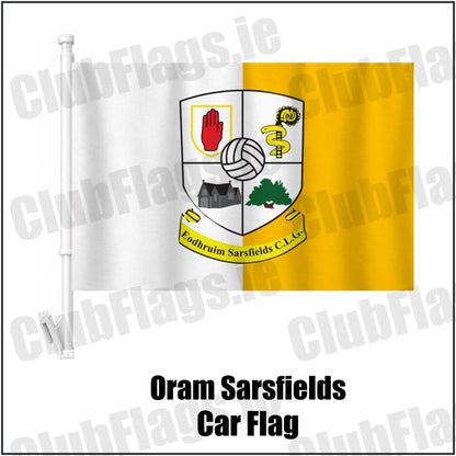 Oram Sarsfields Car Flag in amber and white, featuring the club crest on realistic fabric with gentle vertical folds; County Monaghan GAA. ClubFlags.ie.