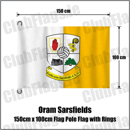 Oram Sarsfields 150cm x 100cm Flag Pole Flag with Rings in amber and white, featuring the club crest on realistic fabric with gentle vertical folds; County Monaghan GAA. ClubFlags.ie.