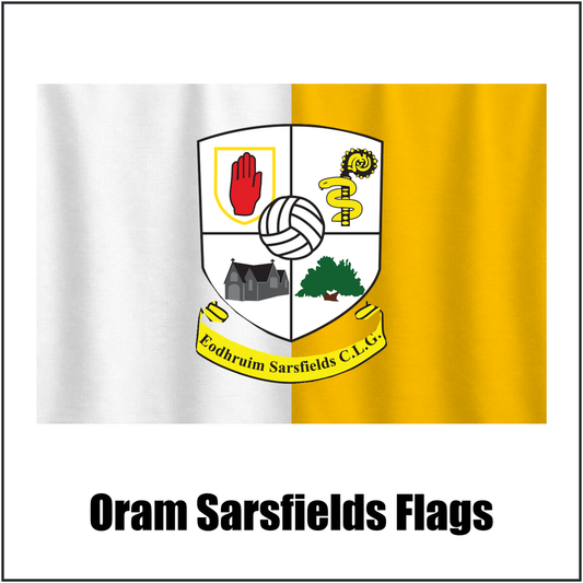 Oram Sarsfields Flags, featuring the club crest and amber and white colours; County Monaghan GAA. ClubFlags.ie.