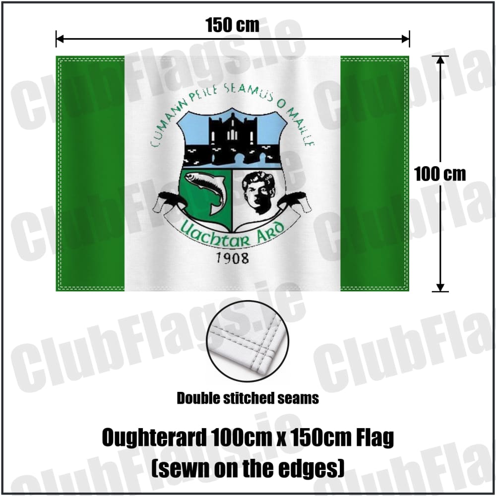 Oughterard 100cm x 150cm Flag (sewn on the edges) in green and white, featuring the club crest on realistic fabric with gentle vertical folds; County Galway GAA. ClubFlags.ie.