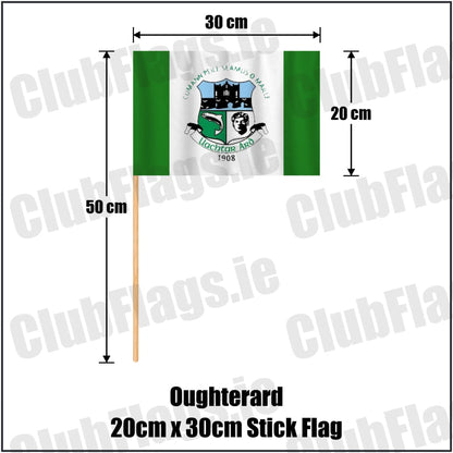 Oughterard 20cm x 30cm Stick Flag in green and white, featuring the club crest on realistic fabric with gentle vertical folds; County Galway GAA. ClubFlags.ie.