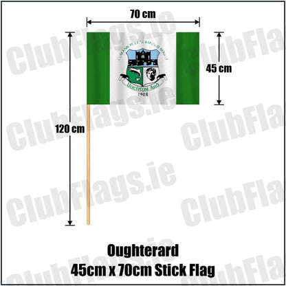 Oughterard 45cm x 70cm Stick Flag in green and white, featuring the club crest on realistic fabric with gentle vertical folds; County Galway GAA. ClubFlags.ie.