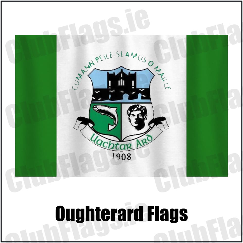 Oughterard Flags in green and white, featuring the club crest on realistic fabric with gentle vertical folds; County Galway GAA. ClubFlags.ie.