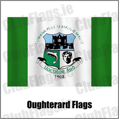 Oughterard Flags in green and white, featuring the club crest on realistic fabric with gentle vertical folds; County Galway GAA. ClubFlags.ie.