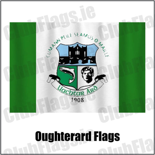 Oughterard Flags in green and white, featuring the club crest on realistic fabric with gentle vertical folds; County Galway GAA. ClubFlags.ie.