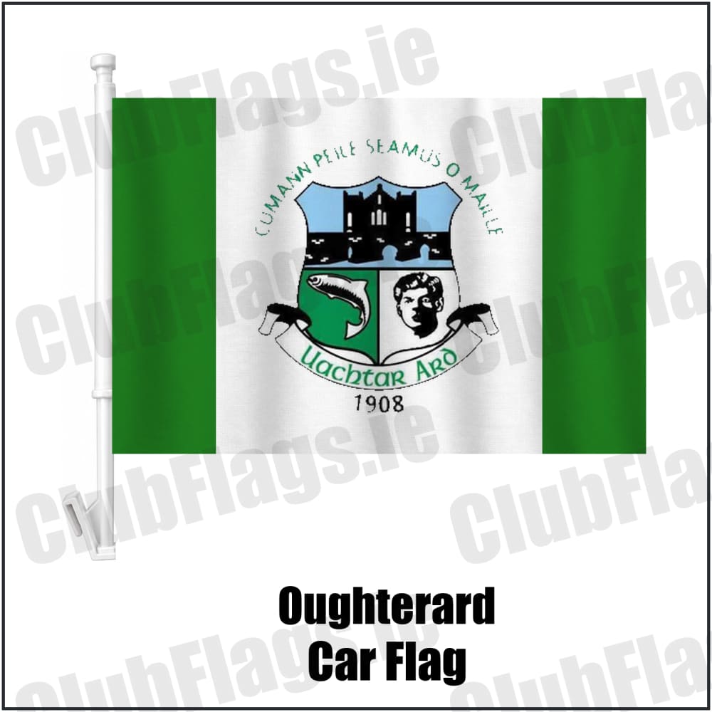 Oughterard Car Flag in green and white, featuring the club crest on realistic fabric with gentle vertical folds; County Galway GAA. ClubFlags.ie.