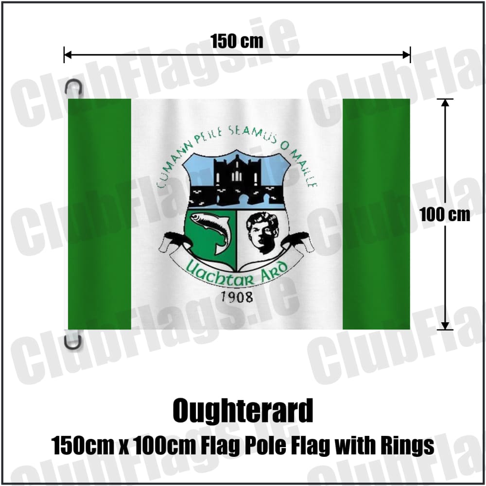 Oughterard 150cm x 100cm Flag Pole Flag with Rings in green and white, featuring the club crest on realistic fabric with gentle vertical folds; County Galway GAA. ClubFlags.ie.