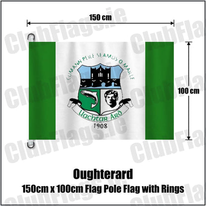 Oughterard 150cm x 100cm Flag Pole Flag with Rings in green and white, featuring the club crest on realistic fabric with gentle vertical folds; County Galway GAA. ClubFlags.ie.
