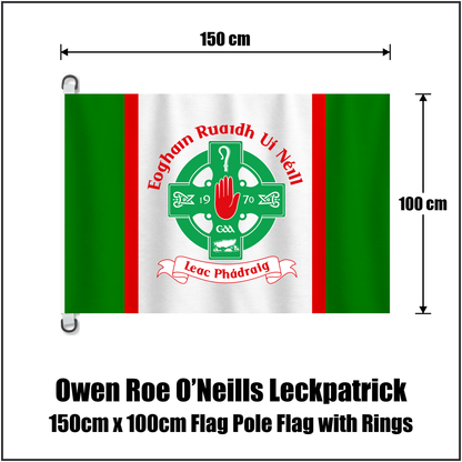 Owen Roe O’Neills Leckpatrick 150cm x 100cm Flag Pole Flag with Rings, featuring the club crest and green and red colours; County Tyrone GAA. ClubFlags.ie.